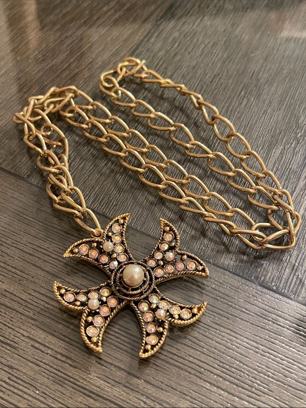 Vintage Style Maltese Cross Aurora Borealis Rhinestones & Faux Pearls Necklace
